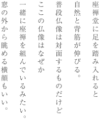 座禅堂に足を踏み入れると自然と背筋が伸びる。普段仏像は対面するものだけどここの仏像はなぜか一緒に座禅を組んでいるみたい。窓の外から眺める横顔もいい。