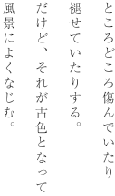 ところどころ傷んでいたり褪せていたりする。だけど、それが古色となって風景によくなじむ。